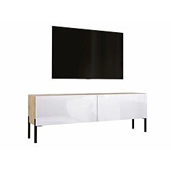 3XELIVING Meuble TV en couleur Chêne wotan / Blanc Brillant avec pieds droits en noir, D: l : 140 cm, H : 52 cm, P : 32 cm 