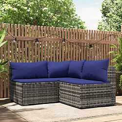 vidaXL Salon de jardin 3 pcs avec coussins Gris Résine tressée