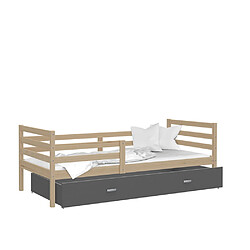 Kids Literie Lit Enfant Milo 90x190 Pin - gris Livré avec sommiers, tiroir et matelas en mousse de 7cm 