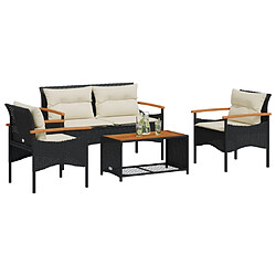 vidaXL Salon de jardin 4 pcs avec coussins noir résine tressée