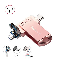 Wewoo Clé USB iPhone iDisk 3 en 1 64G Type-C + Micro USB + USB 3.0 Disque flash push-pull métal avec fonction OTG (or rose) 