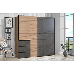 Meubletmoi Armoire 2 portes coulissantes 3 tiroirs chêne béton gris 200 cm - THOR