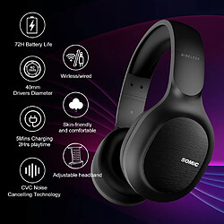 Universal Noir 3.5mm Bluetooth 5.0 Casque stéréo CVC Noise Cancellation Musique Sport Filaire sans fil Casque de jeu avec microphone | Casque Bluetooth