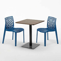 Avis Grand Soleil Table carrée 60x60 pied noir et surface bois avec 2 chaises colorées Gruvyer Kiss - Bleu