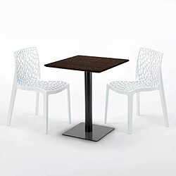 Avis Grand Soleil Table carrée 60x60 pied noir et surface bois avec 2 chaises colorées Gruvyer Kiss - Blanc