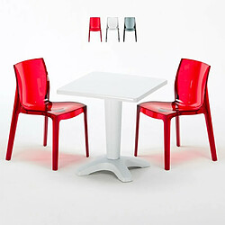 Table et 2 chaises colorées polycarbonate extérieurs Grand Soleil Caffè, Chaises Modèle: Femme Fatale Rouge transparent, Couleur de la table: Blanc