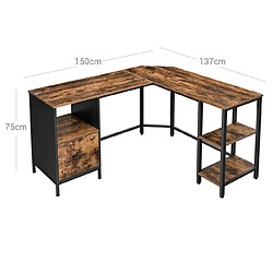 Helloshop26 Bureau d'angle table en forme de l avec caisson à dossiers suspendus 2 étagères bureau à domicile montage facile cadre en acier style industriel marron rustique et noir 12_0001336