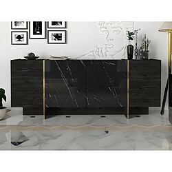 Vente-Unique Buffet avec 4 portes - Effet marbre noir, naturel foncé et doré - CADEBA II