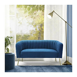 MATHIS Canape retro 2 places - Velours bleu et structure bois massif - L 167 x P 70 x H 71 cm