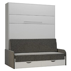 Inside 75 Armoire lit escamotable KOMPACT SOFA blanc mat canapé tiroirs accoudoirs tissu gris 160*200 cm