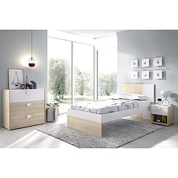 Pegane Ensemble chambre à coucher complète ( lit adulte 190x90 cm avec 2 tiroirs + table de chevet + commode ) coloris blanc, chêne naturel