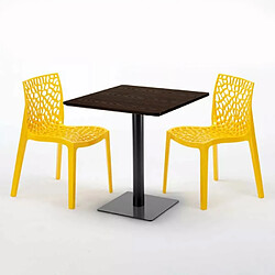 Avis Grand Soleil Table carrée 70x70 plateau effet bois avec 2 chaises colorées Gruvyer Melon - Jaune