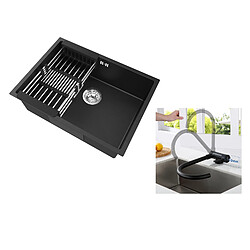 Auralum MAX Évier Cuisine 1 Bac 60*44*20CM,inox,à Encastrer avec Panier Drainage,Noir+Mitigeur Cuisine,Acier Inox 304 Rabattable Pivotant 360°,Noir