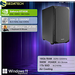 Sedatech Pack PC de bureau Silent • Intel i5-10600KF • GT1030 • 16Go RAM • 1To SSD M.2 • Windows 11 • Moniteur 24"