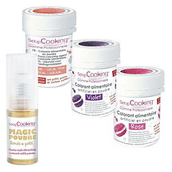 Scrapcooking Kit de colorants alimentaires Rose-violet-corail + 1 poudre irisée dorée