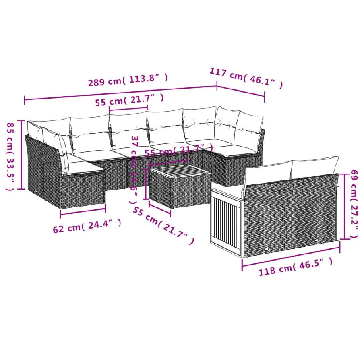 Avis Maison Chic Salon de jardin 10 pcs avec coussins, Ensemble Tables et chaises d'extérieur noir résine tressée -GKD109803