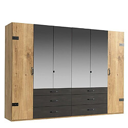 Inside 75 Armoire PORTLAND style industriel 300 cm 6 portes 4 miroirs chêne poutre graphite