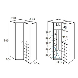 Inside 75 Armoire d'angle pan-coupé 2 portes 6 tiroirs droite 151,1 x 93,8 x 240 cm finition chêne blanchis