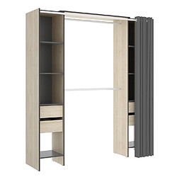 Pegane Armoire dressing avec 4 tiroirs, penderies coloris chêne naturel + rideau - Longueur 180 x Profondeur 50 x Hauteur 205 cm pas cher