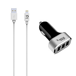 [Certifié APPLE MFi] Kit Raven design® Câble Lightning vers USB résistant 1,30 mètres + Chargeur allume cigare x3 USB charge rapide 3,6A pour smartphone, tablette ou baladeur Apple