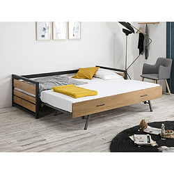 Vente-Unique Lit gigogne industriel BOSTON - 2 x 90 x 190 cm - MDF, Pin et métal - Coloris : Noyer et anthracite + Matelas 