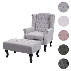 Mendler Fauteuil de luxe Chesterfield, fauteuil à oreilles, tissu hydrofuge ~ gris avec ottomane