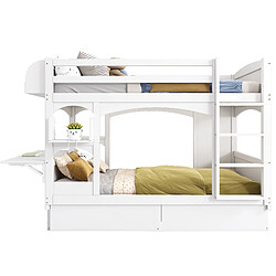 KOMHTOM Lit superposé blanc pour enfants 90*200, en bois massif, avec table pliante et étagère, avec échelle et 2 tiroirs, sans matelas