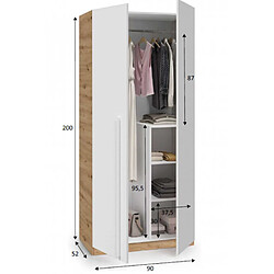 Pegane Armoire avec 2 portes en panneaux de particules mélaminés blanc artik/chêne - Longueur 90 x Profondeur 52 x Hauteur 200 cm