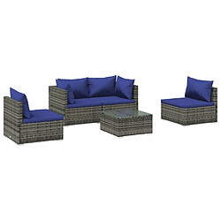 vidaXL Salon de jardin 5 pcs avec coussins résine tressée gris