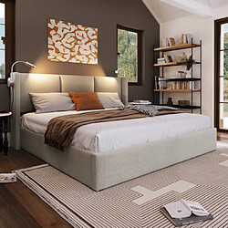 LBF lit rembourré 160x200 cm, lit Coffre avec Espace de Rangement, Cadre de lit avec Lampe de Lecture et Fonction de Chargement USB tête de lit, Lin, Beige (sans Matelas) 