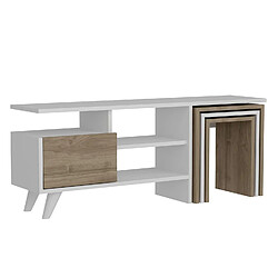 Toilinux Meuble TV avec 3 niches de rangement 1 porte abattante et 3 tables d'appoint encastrable en panneaux de particules - Beige et blanc