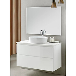 Pegane Meuble de salle de bain avec 2 tiroirs suspendus avec plan Marbre Blanc + vasque à poser + miroir - Longueur 100 x Hauteur 56 x Profondeur 46 cm 