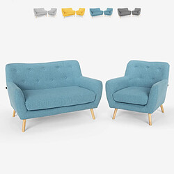 LE ROI DU RELAX Salon fauteuil canapé 2 places design scandinave en bois et tissu Algot | Couleur: Bleu 