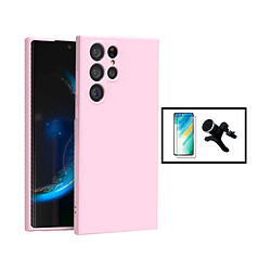 PHONECARE Kit Film Verre Trempé 5D Full Cover + Coque Silicone Liquide + Support Magnétique de Voiture Renforcé pour Samsung Galaxy S23 Ultra - Rose 