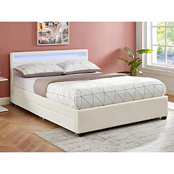 Vente-Unique Lit 140 x 190 cm avec rangements - Simili blanc avec LEDs + Matelas - ALOIS II