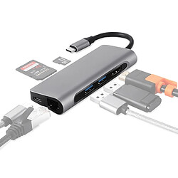 Wewoo TY-02 Adaptateur de concentrateur multipoint USB-C / Type-C 7 en 1 avec sortie HDMI, lecteur de carte SD / carte SD, 2 x ports USB 3.0, Alimentation électrique USB-C / Type-C, Ethernet RJ45 Gigabit pour MacBook Pro (Argent) 