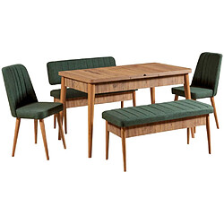 Hanah Home Ensemble repas table chaises et banc Vina pin et vert. Ensemble repas table chaises et banc Vina pin et vert