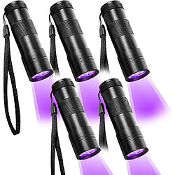 BESTA Lampe torche UV lumière noire Lot de 5 lampes UV avec 12 LED 395 nm Détecteur d'urine pour animaux de compagnie Lampe à main UV pour les taches d'urine séchées de chiens et de chats (comprend 15 piles AAA) 