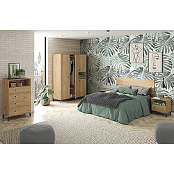 Pegane Ensemble chambre à coucher complète adulte coloris chêne doré ( armoire + commode rangement + 2 chevets + Tête de lit )