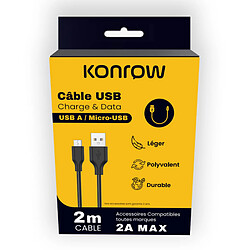 Konrow KCATMPB2 - Câble Micro USB vers Type A (2m, Noir) - Emballage Original 