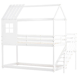 ComfortXL Lit Superposé 200x90cm, Avec Escalier D'Angle, Lit Cabane Avec Garde-Corps et Fenêtres, Pin, Blanc