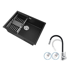 Auralum MAX Évier Cuisine 1 Bac 60*44*20CM,inox 304,à Encastrer avec Panier Drainage,Noir+Mitigeur Cuisine Noir Flexible,Rabattable, 2 Types Jets