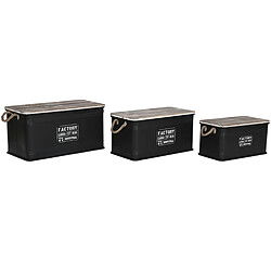 Pegane Set de 3 coffres de rangement en bois naturel et métal noir 