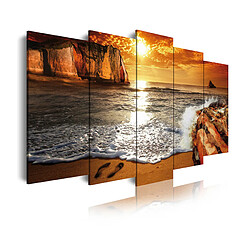 Dekoarte 263 - Tableau moderne sur toile monté sur cadre en bois 5 pièces, nature cocher de soleil sur la plage, 150x80cm 