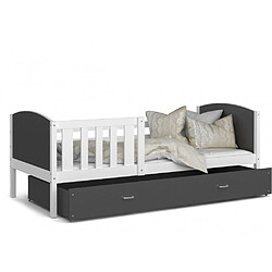 Kids Literie Lit Enfant Tomy 90x190 Blanc - gris Livré avec sommiers, tiroir et matelas en mousse de 7cm 