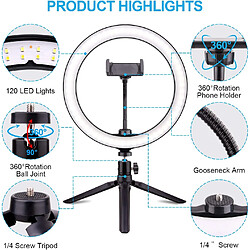 Avis BESTA Anneau lumineux pour selfie de 25,4 cm avec trépied, lampe LED de bureau à intensité variable avec obturateur à distance sans fil pour diffusion en direct/maquillage/vidéo YouTube