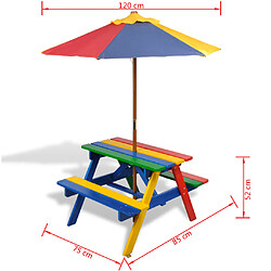 vidaXL Table et bancs de pique-nique avec parasol pour enfants Bois pas cher