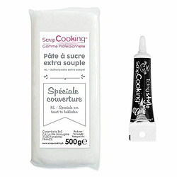 Scrapcooking Pâte à sucre de couverture blanche 500 g + Stylo de glaçage noir 