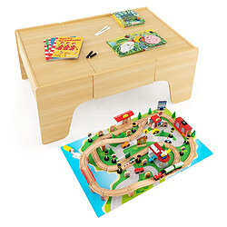 Helloshop26 Ensemble de jouets de train et table en bois 84 pièces plateau réversible et amovible tiroir rails en bois massif figurines 20_0008479