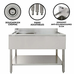 Monstershop Evier Commercial à 1 Cuve - Egouttoir à Droite Evier Commercial en Inox à 1 Cuve Avec Egouttoir à Droite- 120 x 60 x 105 cm - Parfait pour Restaurant, Cantine, Plonge, Bar, Café, Cuisine Commerciale [Bouchons INCLUS]